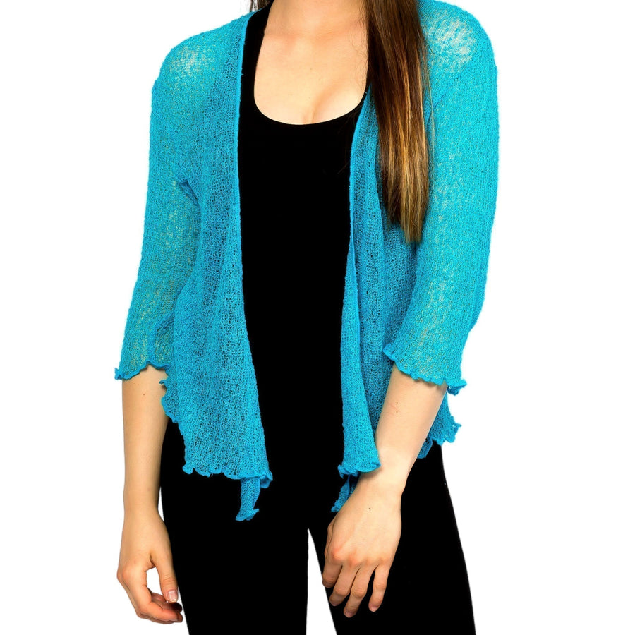 Turquoise lightweight lace knit summer sweater cardigan