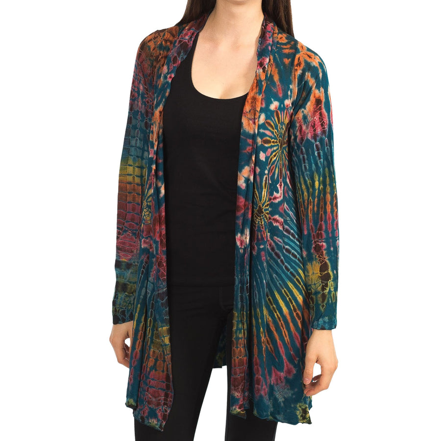Model wearing Teal Tie Dye Long Cardigan with stripes and starburst patterns in yellow, gold, orange and fuchsia